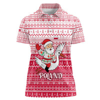 Poland Christmas Women Polo Shirt with Santa Riding Stork White Eagle Emblem and Red Snowflake Knit Pattern Design - Wonder Print Shop