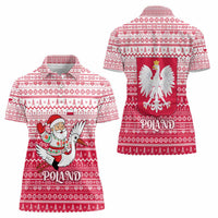 Poland Christmas Women Polo Shirt with Santa Riding Stork White Eagle Emblem and Red Snowflake Knit Pattern Design - Wonder Print Shop