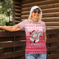 Poland Christmas Women Polo Shirt with Santa Riding Stork White Eagle Emblem and Red Snowflake Knit Pattern Design - Wonder Print Shop