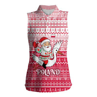 Poland Christmas Women Sleeveless Polo Shirt with Santa Riding Stork White Eagle Emblem and Red Snowflake Knit Pattern Design - Wonder Print Shop