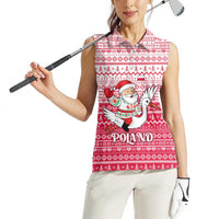 Poland Christmas Women Sleeveless Polo Shirt with Santa Riding Stork White Eagle Emblem and Red Snowflake Knit Pattern Design - Wonder Print Shop