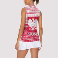 Poland Christmas Women Sleeveless Polo Shirt with Santa Riding Stork White Eagle Emblem and Red Snowflake Knit Pattern Design - Wonder Print Shop