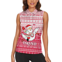 Poland Christmas Women Sleeveless Polo Shirt with Santa Riding Stork White Eagle Emblem and Red Snowflake Knit Pattern Design - Wonder Print Shop