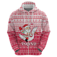Poland Christmas Zip Hoodie with Santa Riding Stork White Eagle Emblem and Red Snowflake Knit Pattern Design - Wonder Print Shop