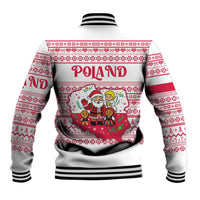 Poland Christmas Baseball Jacket with Santa Children Gingerbread Map Outline and Red Snowflake Knit Pattern Design - Wonder Print Shop