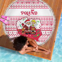 Poland Christmas Beach Blanket with Santa Children Gingerbread Map Outline and Red Snowflake Knit Pattern Design - Wonder Print Shop