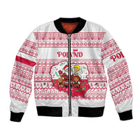 Poland Christmas Bomber Jacket with Santa Children Gingerbread Map Outline and Red Snowflake Knit Pattern Design - Wonder Print Shop