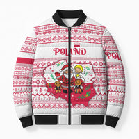 Poland Christmas Bomber Puffer Jacket with Santa Children Gingerbread Map Outline and Red Snowflake Knit Pattern Design - Wonder Print Shop