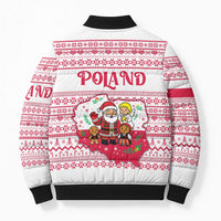 Poland Christmas Bomber Puffer Jacket with Santa Children Gingerbread Map Outline and Red Snowflake Knit Pattern Design - Wonder Print Shop