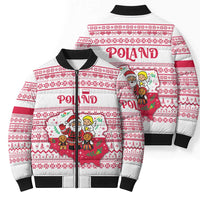 Poland Christmas Bomber Puffer Jacket with Santa Children Gingerbread Map Outline and Red Snowflake Knit Pattern Design - Wonder Print Shop