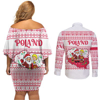 Poland Christmas Couples Matching Off Shoulder Short Dress and Long Sleeve Button Shirt with Santa Children Gingerbread Map Outline and Red Snowflake Knit Pattern Design - Wonder Print Shop
