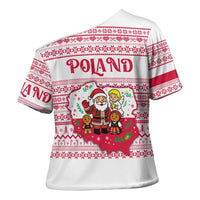 Poland Christmas Cross Shoulder Shirt with Santa Children Gingerbread Map Outline and Red Snowflake Knit Pattern Design - Wonder Print Shop