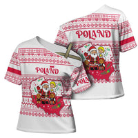 Poland Christmas Cross Shoulder Shirt with Santa Children Gingerbread Map Outline and Red Snowflake Knit Pattern Design - Wonder Print Shop