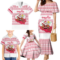 Poland Christmas Family Matching Mermaid Dress and Hawaiian Shirt with Santa Children Gingerbread Map Outline and Red Snowflake Knit Pattern Design - Wonder Print Shop