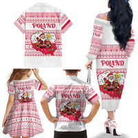 Poland Christmas Family Matching Off The Shoulder Long Sleeve Dress and Hawaiian Shirt with Santa Children Gingerbread Map Outline and Red Snowflake Knit Pattern Design - Wonder Print Shop