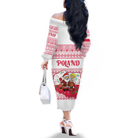 Poland Christmas Family Matching Off The Shoulder Long Sleeve Dress and Hawaiian Shirt with Santa Children Gingerbread Map Outline and Red Snowflake Knit Pattern Design - Wonder Print Shop