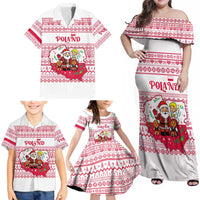 Poland Christmas Family Matching Off Shoulder Maxi Dress and Hawaiian Shirt with Santa Children Gingerbread Map Outline and Red Snowflake Knit Pattern Design - Wonder Print Shop