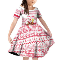Poland Christmas Family Matching Off Shoulder Short Dress and Hawaiian Shirt with Santa Children Gingerbread Map Outline and Red Snowflake Knit Pattern Design - Wonder Print Shop