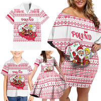 Poland Christmas Family Matching Off Shoulder Short Dress and Hawaiian Shirt with Santa Children Gingerbread Map Outline and Red Snowflake Knit Pattern Design - Wonder Print Shop