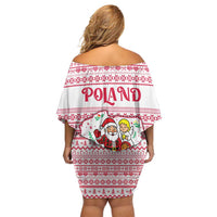 Poland Christmas Family Matching Off Shoulder Short Dress and Hawaiian Shirt with Santa Children Gingerbread Map Outline and Red Snowflake Knit Pattern Design - Wonder Print Shop