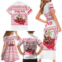 Poland Christmas Family Matching Short Sleeve Bodycon Dress and Hawaiian Shirt with Santa Children Gingerbread Map Outline and Red Snowflake Knit Pattern Design - Wonder Print Shop