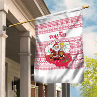 Poland Christmas Garden Flag with Santa Children Gingerbread Map Outline and Red Snowflake Knit Pattern Design - Wonder Print Shop