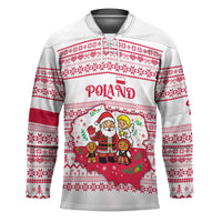 Poland Christmas Hockey Jersey with Santa Children Gingerbread Map Outline and Red Snowflake Knit Pattern Design - Wonder Print Shop
