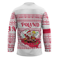 Poland Christmas Hockey Jersey with Santa Children Gingerbread Map Outline and Red Snowflake Knit Pattern Design - Wonder Print Shop