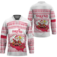 Poland Christmas Hockey Jersey with Santa Children Gingerbread Map Outline and Red Snowflake Knit Pattern Design - Wonder Print Shop