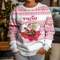 Poland Christmas Kid Ugly Christmas Sweater with Santa Children Gingerbread Map Outline and Red Snowflake Knit Pattern Design - Wonder Print Shop