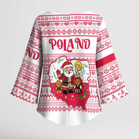 Poland Christmas Kimono Sleeve Blouse with Santa Children Gingerbread Map Outline and Red Snowflake Knit Pattern Design - Wonder Print Shop