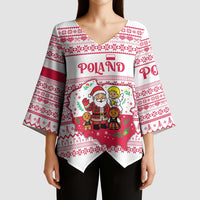 Poland Christmas Kimono Sleeve Blouse with Santa Children Gingerbread Map Outline and Red Snowflake Knit Pattern Design - Wonder Print Shop