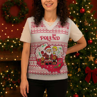 Poland Christmas Knitted V-Neck Vest with Santa Children Gingerbread Map Outline and Red Snowflake Knit Pattern Design - Wonder Print Shop
