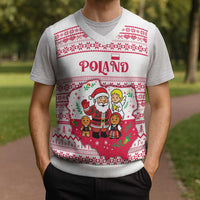Poland Christmas Knitted V-Neck Vest with Santa Children Gingerbread Map Outline and Red Snowflake Knit Pattern Design - Wonder Print Shop