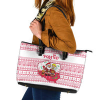 Poland Christmas Leather Tote Bag with Santa Children Gingerbread Map Outline and Red Snowflake Knit Pattern Design - Wonder Print Shop