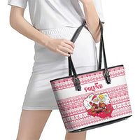 Poland Christmas Leather Tote Bag with Santa Children Gingerbread Map Outline and Red Snowflake Knit Pattern Design - Wonder Print Shop