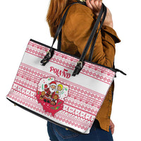 Poland Christmas Leather Tote Bag with Santa Children Gingerbread Map Outline and Red Snowflake Knit Pattern Design - Wonder Print Shop