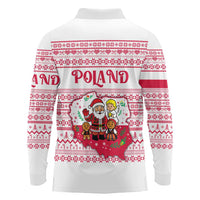 Poland Christmas Long Sleeve Polo Shirt with Santa Children Gingerbread Map Outline and Red Snowflake Knit Pattern Design - Wonder Print Shop