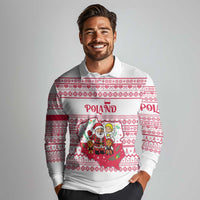 Poland Christmas Long Sleeve Polo Shirt with Santa Children Gingerbread Map Outline and Red Snowflake Knit Pattern Design - Wonder Print Shop