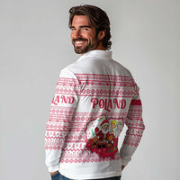 Poland Christmas Long Sleeve Polo Shirt with Santa Children Gingerbread Map Outline and Red Snowflake Knit Pattern Design - Wonder Print Shop