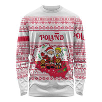 Poland Christmas Long Sleeve Shirt with Santa Children Gingerbread Map Outline and Red Snowflake Knit Pattern Design - Wonder Print Shop