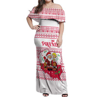 Poland Christmas Off Shoulder Maxi Dress with Santa Children Gingerbread Map Outline and Red Snowflake Knit Pattern Design - Wonder Print Shop