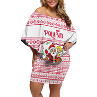Poland Christmas Off Shoulder Short Dress with Santa Children Gingerbread Map Outline and Red Snowflake Knit Pattern Design - Wonder Print Shop