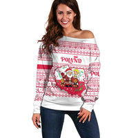 Poland Christmas Off Shoulder Sweater with Santa Children Gingerbread Map Outline and Red Snowflake Knit Pattern Design - Wonder Print Shop