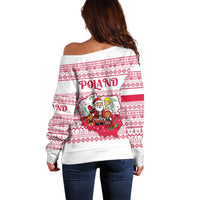 Poland Christmas Off Shoulder Sweater with Santa Children Gingerbread Map Outline and Red Snowflake Knit Pattern Design - Wonder Print Shop