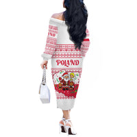 Poland Christmas Off The Shoulder Long Sleeve Dress with Santa Children Gingerbread Map Outline and Red Snowflake Knit Pattern Design - Wonder Print Shop