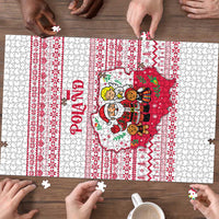 Poland Christmas Puzzle with Santa Children Gingerbread Map Outline and Red Snowflake Knit Pattern Design - Wonder Print Shop