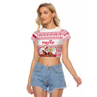 Poland Christmas Raglan Cropped T Shirt with Santa Children Gingerbread Map Outline and Red Snowflake Knit Pattern Design - Wonder Print Shop