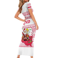 Poland Christmas Short Sleeve Bodycon Dress with Santa Children Gingerbread Map Outline and Red Snowflake Knit Pattern Design - Wonder Print Shop