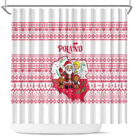 Poland Christmas Shower Curtain with Santa Children Gingerbread Map Outline and Red Snowflake Knit Pattern Design - Wonder Print Shop